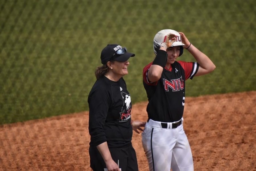 NIU+softball+head+coach+Christina+Sutcliffe+praises+Katie+Kellers+work+ethic+and+ability+to+lead+others+to+success.
