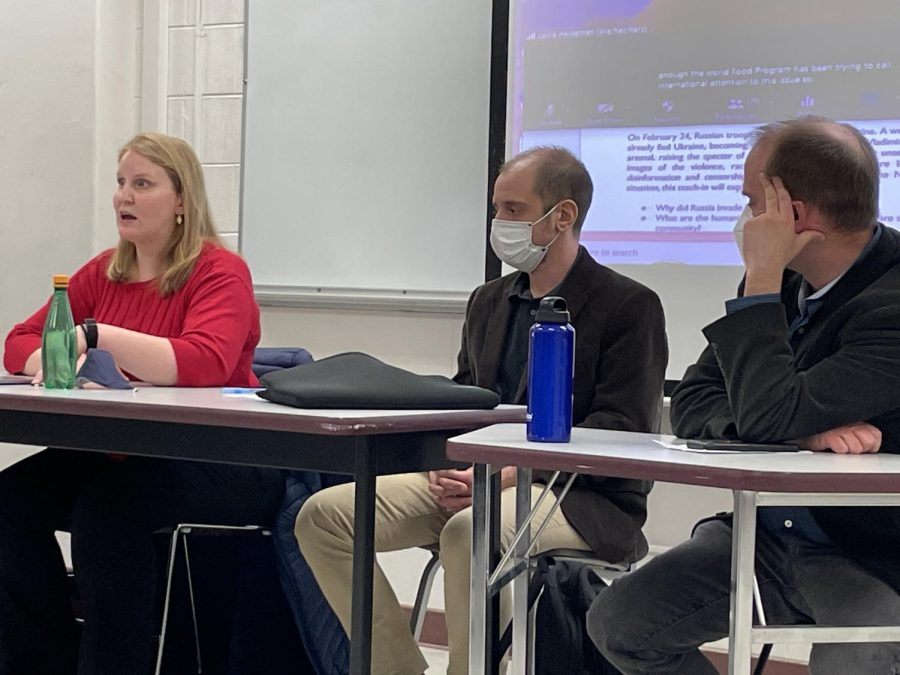 From Left to right: Laura Heideman, Alex Sosenko and Andy Bruno were among the six faculty members who participated in Tuesday’s Teach-In about the War in Ukraine in 148 DuSable Hall