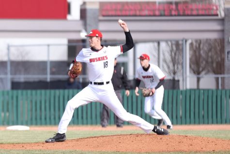 Senior Kyle Seebach pitches during a game against Miami University April 1 in DeKalb.