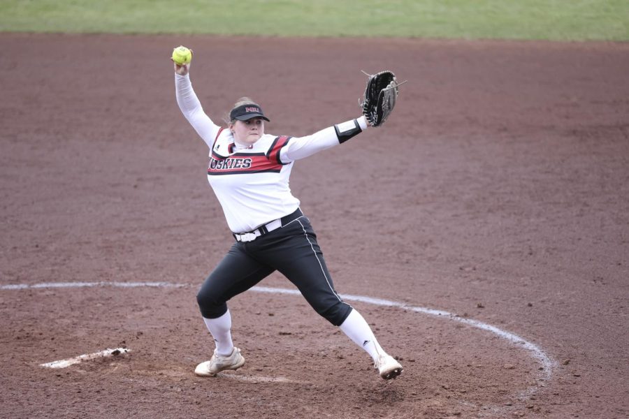 Junior pitcher Delaney Ostrowski winds up a pitch during a game against Ball State University Wednesday April 6.