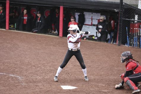 Senior outfielder Kara Apato assumes her batting stance during a game against Ball State University April 6 in DeKalb.