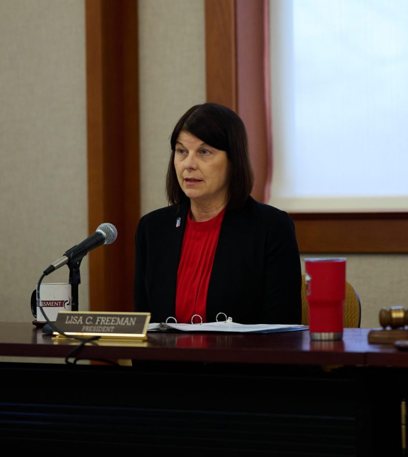 President Lisa Freeman discusses potential program offered by Braven in collaboration with NIU at the Thursday Board of Trustees meeting. (Zohair Khan | Northern Star)