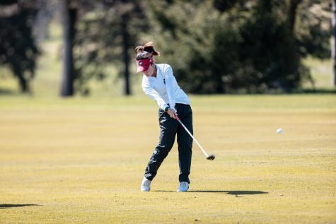 Sophomore Jasmine Ly takes a swing during the NCAA Ann Arbor Regional on May 9-11. Ly finished 12-over-par at the University of Michigan Golf Course in Ann Arbor, Michigan. (Corey Rush/EKU)