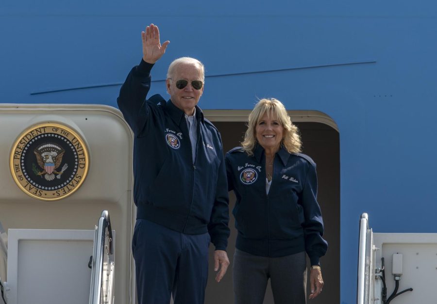 U.S. President Joe Biden waves as first lady Jill Biden watches standing at the top of the steps of Air Force One before boarding at Andrews Air Force Base, Md., Saturday, Sept. 17, 2022. President Biden said during and interview broadcasted on Sunday, Sept. 18, 2022, that U.S. forces would defend Taiwan if China tries to invade the self-ruled island claimed by Beijing as part of its territory, adding to displays of official American support for the island democracy in the face of Chinese intimidation. 