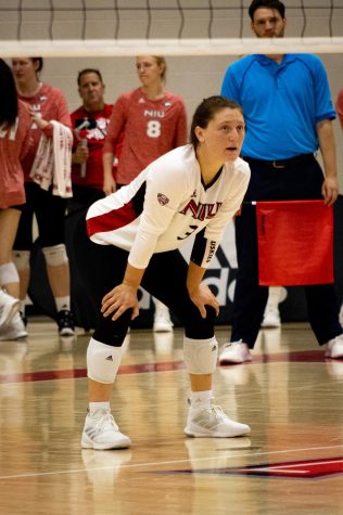 Sophomore defensive specialist/libero Francesca Bertucci awaits an upcoming rally during NIUs match against the University of Southern Indiana on Sept. 17 at Victor E. Court (Sean Reed | Northern Star)