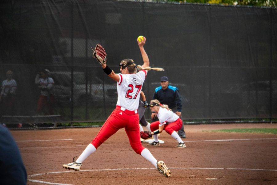 Junior Emily Dato pitches during the Huskies first game against Bradley University softball in Sept. 2022. This game was a double header, and the teams fifth game of the fall season. (Marco Sotelo Avila | Northern Star)