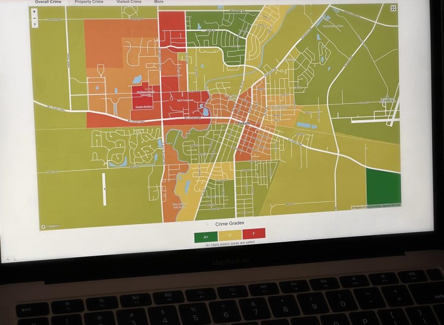 Laptop screen depicting Crime Grades interactive crime map of DeKalb