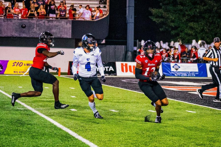 Sophomore cornerback Eric Rogers intercepts a pass from EIU redshirt sophomore quarterback Jonah O’Brien in the second quarter of NIU’s season-opening game against the Eastern Illinois University Panthers on Sept. 1. (Ivan Meza | Northern Star).