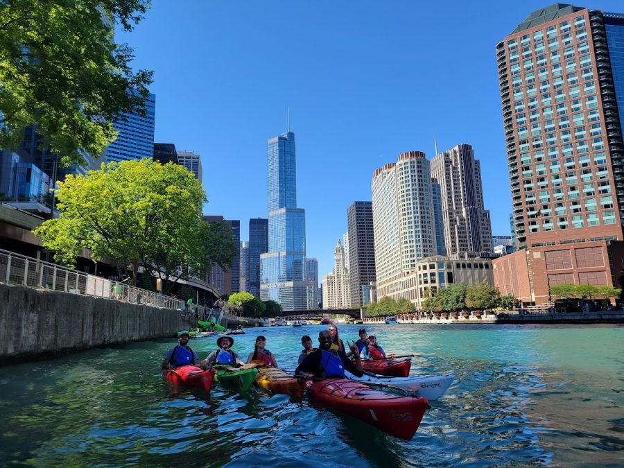 Columnist Max Honermeier and members of NIUs Outdoor Adventures on the Chicago river. 