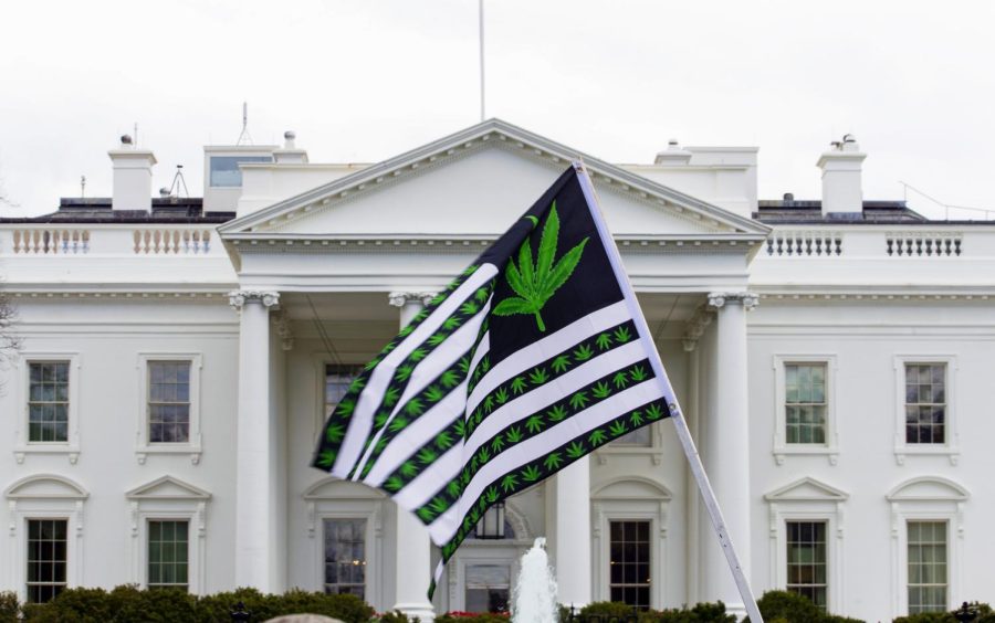 A demonstrator waves a flag with marijuana leaves depicted on it during a protest calling for the legalization of marijuana, outside of the White House on April 2, 2016, in Washington. President Joe Biden is pardoning thousands of Americans convicted of “simple possession” of marijuana under federal law, as his administration takes a dramatic step toward decriminalizing the drug and addressing charging practices that disproportionately impact people of color. 