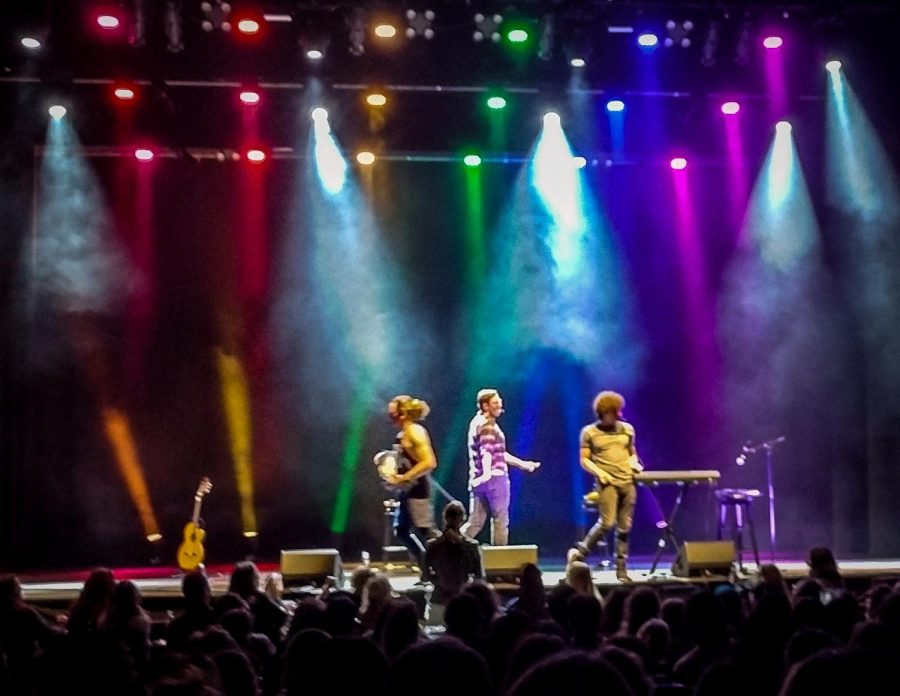 From left: Hughie Stone Fish, Keith Habersberger and Alex Lewis, members of the comedy trio Lewberger, performed at the Egyptian Theatre on Oct. 7. (Caleb Johnson | Northern Star)