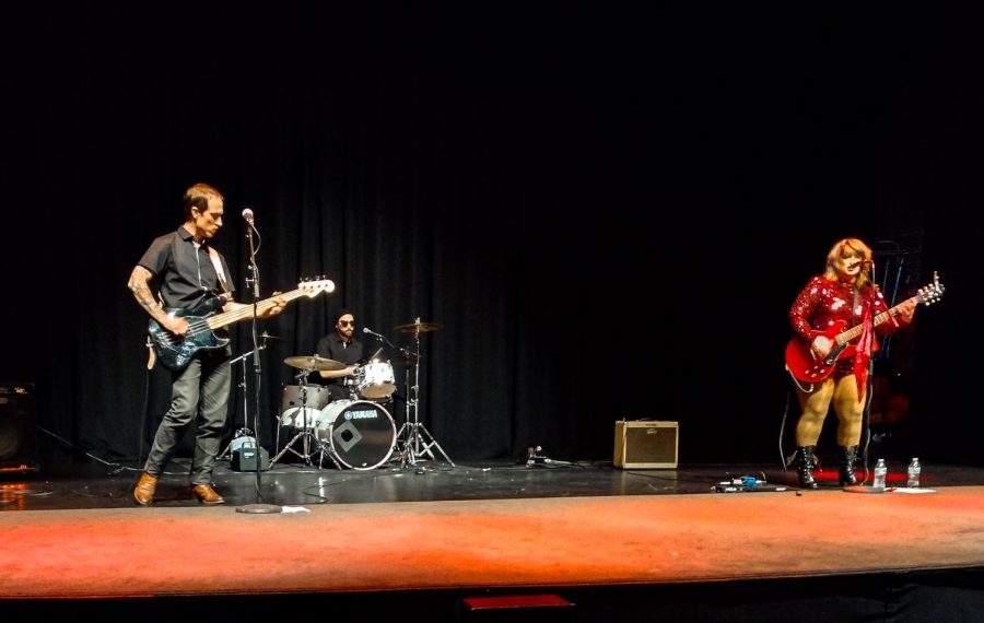 SWEETIE, a Chicago band, peformed original songs and covers at Rocky Horror Picture Show pre-show on Oct. 28 at the Egyptian Theatre. (Caleb Johnson | Northern Star)