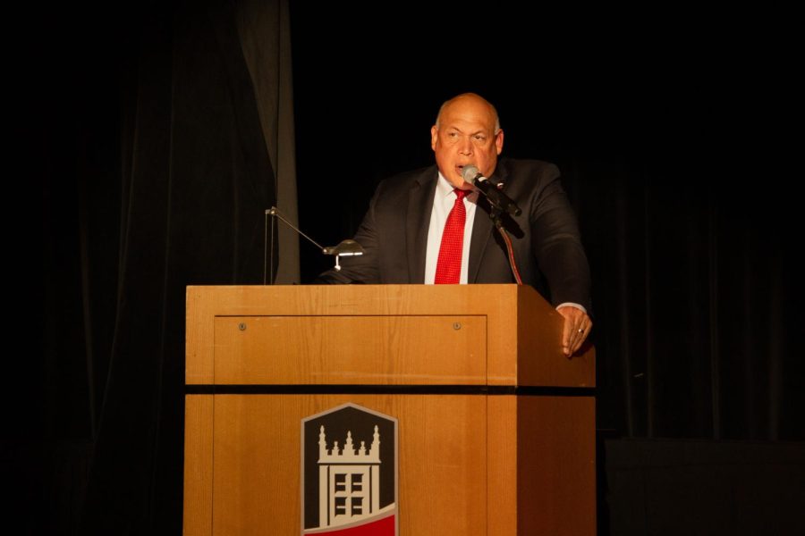 NIU Athletic Director Sean Frazier speaking to attendees at the 2022 Athletic Hall of Fame induction ceremony Friday night in the Duke Ellington Ballroom. (Mingda Wu | Northern Star)