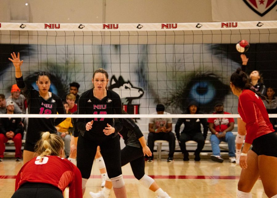 Middle blocker Sammi Lockwood staring down the opponent as Huskies defensive specialist Jada Cerniglia serves to Miami’s side of the court Saturday at Victor E. Court. (Mingda Wu | Northern Star)