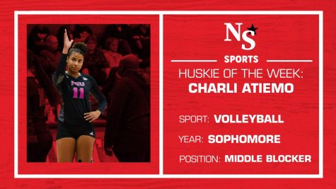 Sophomore middle blocker Charli Atiemo was selected as the Northern Stars Huskie of the Week after racking up 15 blocks and four digs during NIU volleyballs pair of wins on Oct. 7-8. (Graphic by Harrison Linden)