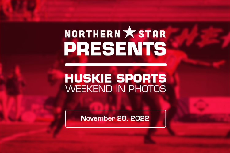 Huskie Sports weekend in pictures graphic for Nov. 28 atop a photo taken during the Huskies’ final football game of the season Saturday at Huskie Stadium. (Graphic by Harrison Linden, photo by Mingda Wu | Northern Star)
