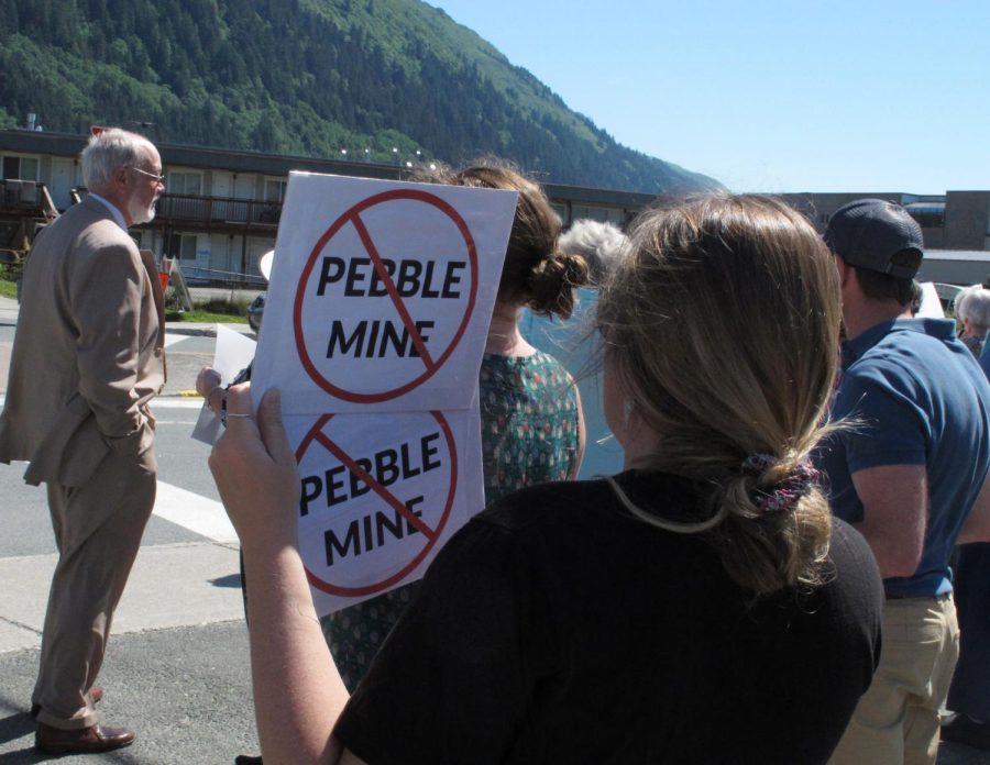  On June 25, 2019, protestors gathered outside U.S. Sen. Lisa Murkowskis office in Juneau, Alaska, to protest the proposed Pebble Mine.