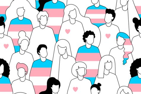 An illustrated crowd of people standing, decorated with the transgender flag and hearts. Transgender Day of Remembrance is on Sunday, Nov. 20, with this week leading up to it being trans awareness week. (Courtesy of Getty Images)