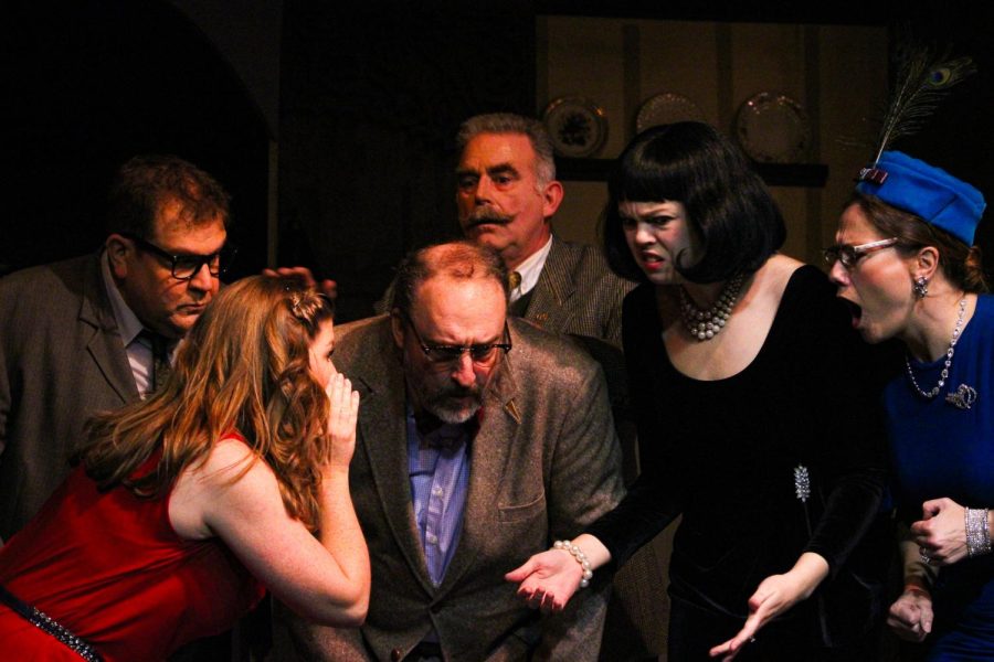 From left to right: Larry Rapach, Lara Crowley, Denny Boynton, Todd Pope, Lacey Toigo and Bonnie Miller during their performance of Clue: On Stage. (Nyla Owens | Northern Star)