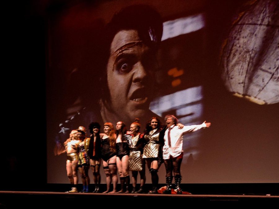 The members of Irrational Masters during curtain call for their shadow cast performance of Rocky Horror Picture show. (Caleb Johnson | Northern Star)