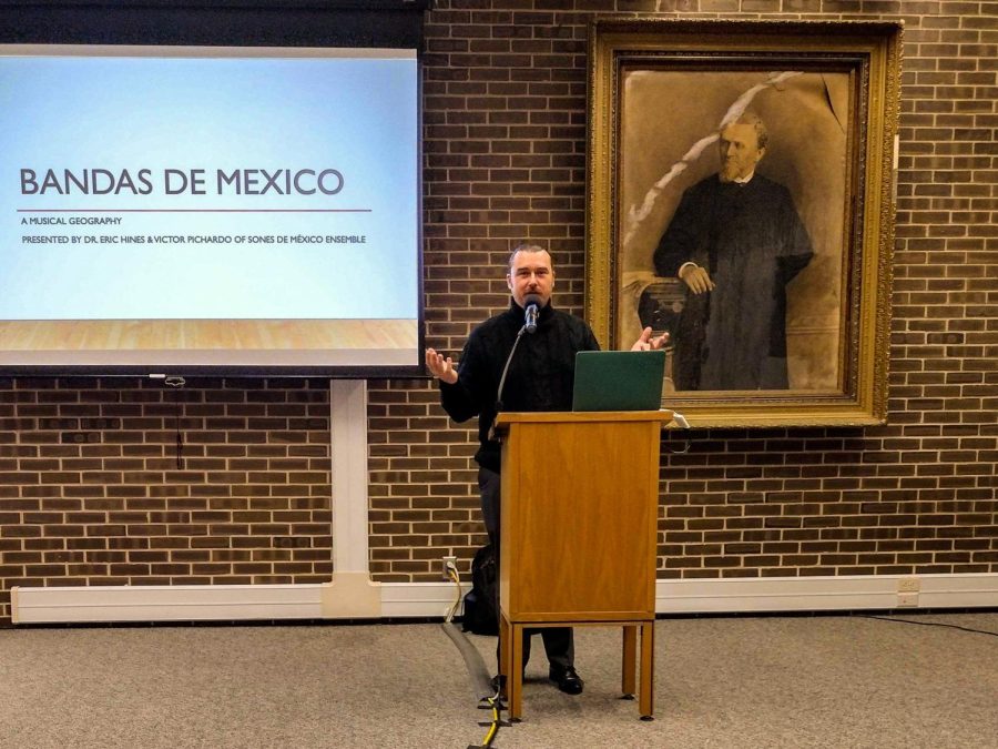 Eric Hines gave a presentation about the musical history and geography of banda on Nov. 17 in the Founders Memorial Library. (Caleb Johnson | Northern Star)
