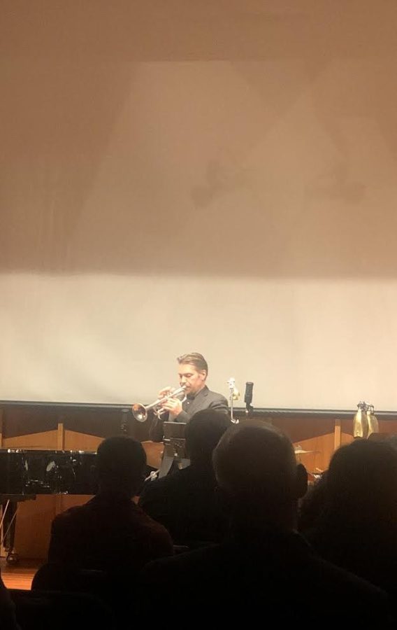 Christopher Scanlon, an assistant professor of trumpet and brass area coordinator, performs November Twilight by Elaine Lillios during the New Music Festival on Nov. 2. (Namira James | Northern Star)