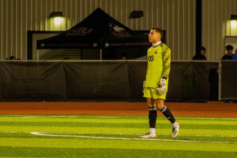 Redshirt senior goalkeeper Martin Sanchez walks on the field during NIUs match against the University of Illinois Chicago on Sept. 12 at the NIU Soccer and Track & Field Complex. (Milly Landa | Northern Star)