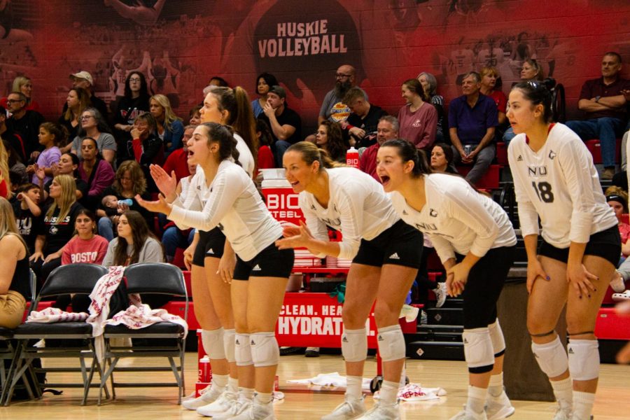 From+left%3A+Freshman+middle+blocker+Sarah+Lezon%2C+sophomore+defensive+specialist+Jada+Cerniglia%2C+senior+outside+hitters+Kaitlyn+Bell%2C+Brianna+Scuric+and+freshman+outside+hitter+Nazli+G%C3%BCvener+cheer+from+courtside+during+NIU+volleyballs+match+against+Central+Michigan+University+on+Friday.+%28Mingda+Wu+%7C+Northern+Star%29