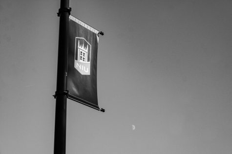 An NIU banner hanging off of a light pole as the clear sky carries the moon. (Sean Reed | Northern Star)