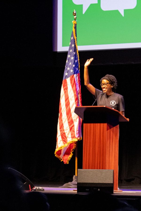 Rep. Lauren Underwood, D-Naperville, waves to a crowd of supporters at an early vote rally at the Egyptian Theatre in DeKalb, IL, Nov. 2, 2022. (Sean Reed | Northern Star)