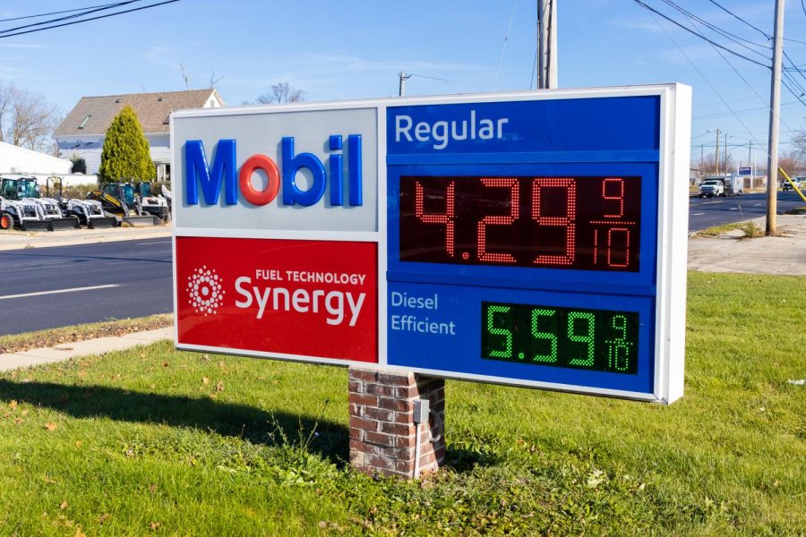 The sign of the Mobil gas station, located at 1740 East Lincoln Highway, showing a price of $4.29 per gallon of regular gas on Monday afternoon in DeKalb. (Sean Reed | Northern Star) 
