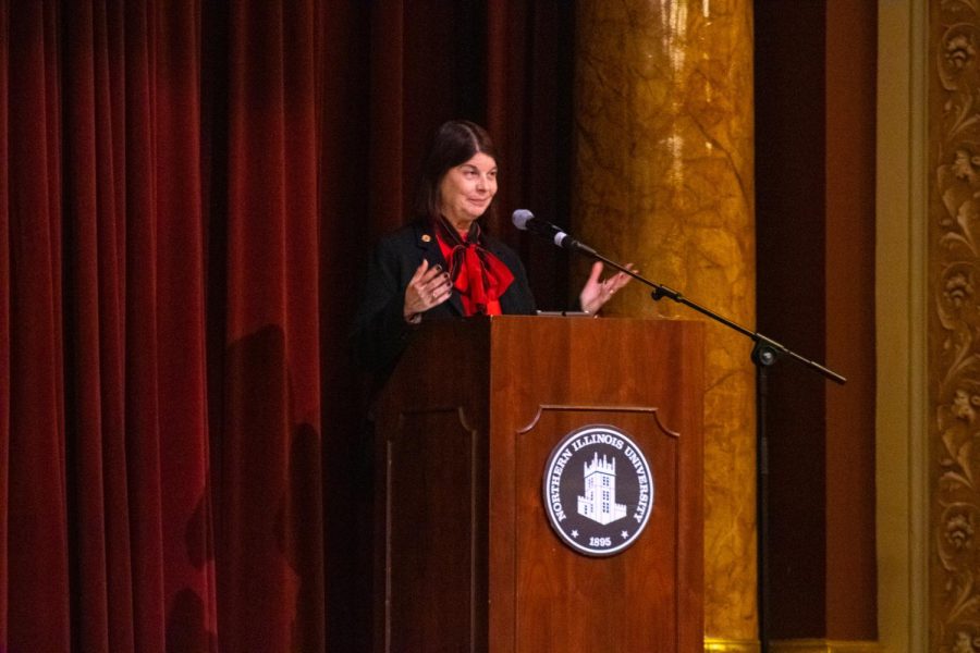 NIU+President+Lisa+Freeman+arrives+at+the+podium+to+begin+her+State+of+the+University+address+on+Tuesday+in+the+Altgeld+Hall+Auditorium.+%28Sean+Reed+%7C+Northern+Star%29