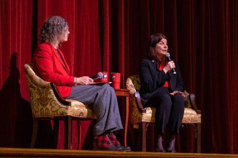 NIU President Lisa Freeman and Director of Career Services Cathy Doederlein answer questions on stage following the State of the University Address on Nov. 29. (Sean Reed | Northern Star)