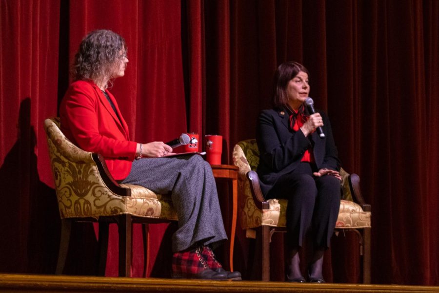 NIU President Lisa Freeman and Director of Employee Experience Cathy Doederlein answer questions on stage following the State of the University Address on Nov. 29. (Sean Reed | Northern Star)