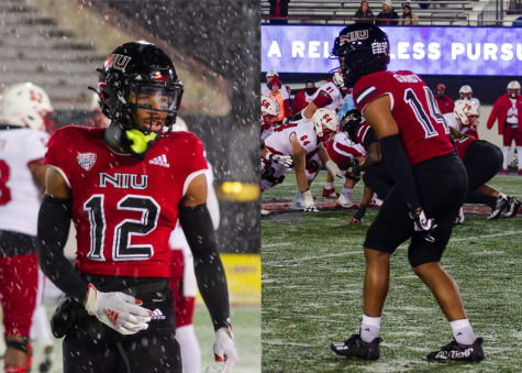 Sophomore cornerback Eric Rogers (left) and junior cornerback Jordan Gandy play in NIUs battle for the Mallory Cup against Miami University on Nov. 16 at Huskie Stadium. Rogers and Gandy announced their plans to leave the football program on Tuesday after spending three seasons at NIU.
