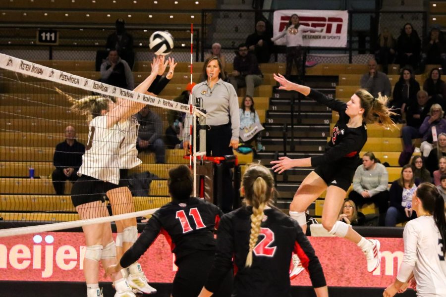 NIU+junior+right+side+hitter+Emily+Dykes+attacks+the+ball+over+the+net+during+Wednedays+Mid-American+Confernec+matchup+between+NIU+and+Western+Michigan+University+at+University+Arena+in+Kalamazoo%2C+Michigan.+Dykes+totaled+10+kills+in+the+match+as+NIU+lost+in+five+sets%2C+ending+their+chances+of+playing+in+the+2022+Mid-American+Conference+Tournament.+%28Courtesy+WMU+Athletics%29