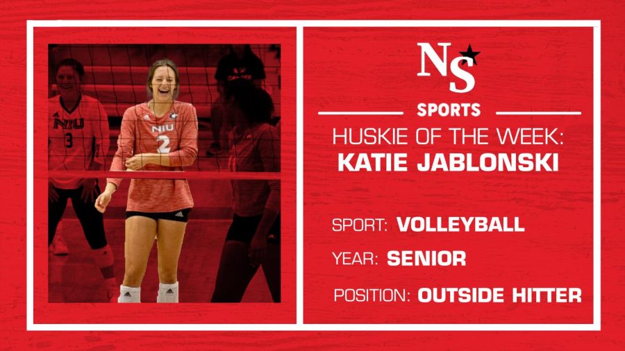 Senior+outside+hitter+Katie+Jablonski+has+earned+her+first+Huskie+of+the+Week+honor+following+one+of+her+final+weekends+playing+volleyball+for+the+NIU+Huskies.+%28Sean+Reed+%7C+Northern+Star%29