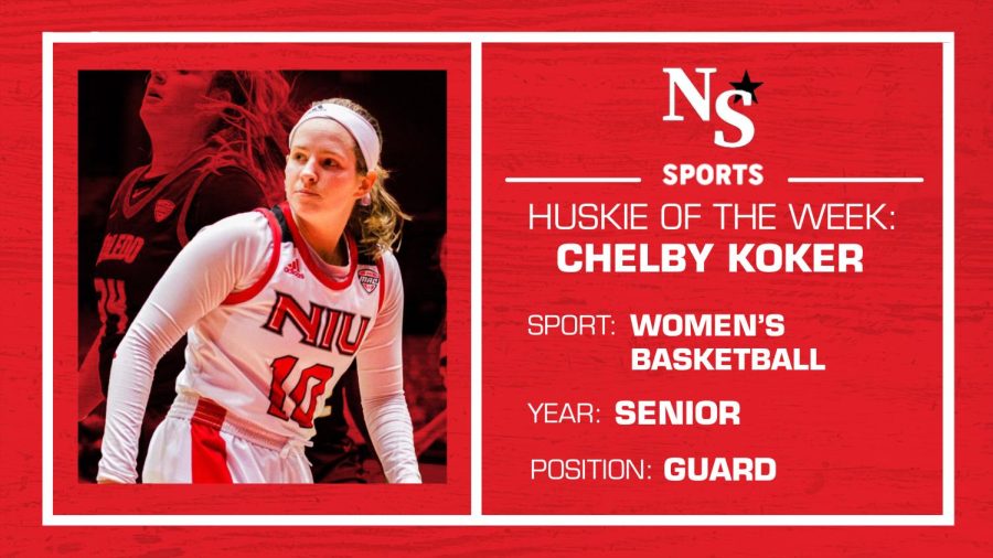 NIU+senior+guard+Chelby+Koker+put+up+24+points+in+her+first+regular+season+home+game+since+suffering+a+season-ending+injury+during+the+2021+season.+%28Graphic+by+Harrison+Linden%29