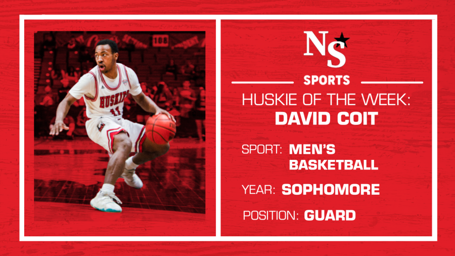 Men’s basketball sophomore guard David Coit is the first NIU student-athlete to be named the Northern Star’s Huskie of the Week for two weeks in a row. (Graphic by Harrison Linden)