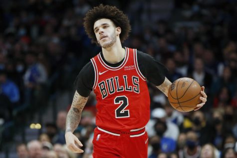 Chicago Bulls guard Lonzo Ball (2) dribbles the ball up the court against the Dallas Mavericks in the first half of an NBA basketball game in Dallas, Jan. 9, 2022. (AP Photo | Tim Heitman)