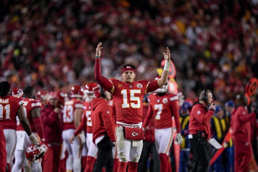 Kansas City Chiefs quarterback Patrick Mahomes (15) cheers during the second half of an NFL divisional round playoff football game against the Jacksonville Jaguars, Saturday, Jan. 21, 2023, in Kansas City, Mo. The Kansas City Chiefs won 27-20. (Jeff Roberson | Associated Press)