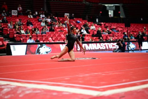 Then-freshman gymnast Isabella Sissi performs on floor exercise during NIUs meet against Illinois State University on Feb. 13, 2021. Sissi competed in all four disciplines during NIUs 2023 season opener Sunday.