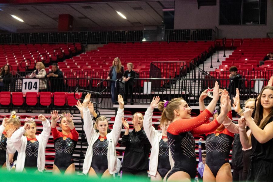 NIU+junior+Olivia+Lynd+competing+in+the+floor+event+during+the+NIU+Tri+Meet%2C+facing+Illinois+State+and+Winona+State+on+Sunday+at+the+NIU+Convocation+Center.+%28Cheyanne+Quintanilla+%7C+Northern+Star%29