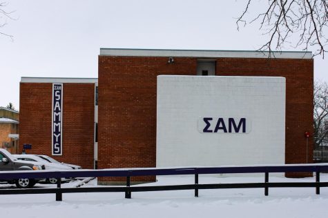 One of two properties that the fraternity Sigma Alpha Mu, or Sammys, operates within on a snowy day on Greenbrier Road in the Greek Row neighborhood. Sammys has been in operation with support from the fraternity’s national chapter for the past five years, despite being unrecognized by NIU in 2018. (Nyla Owens | Northern Star)