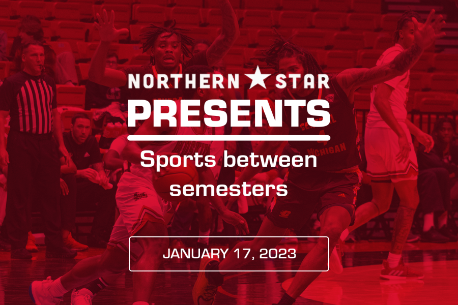 A graphic featuring a photo of NIU men’s basketball playing against Central Michigan University last week on Tuesday at the NIU Convocation Center. (Sean Reed | Northern Star)