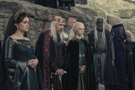 A scene from House of the Dragon featuring Olivia Cooke, Paddy Considine, Evie Allen, Steve Toussaint, Eve Best and Shani Smethurst (from left)