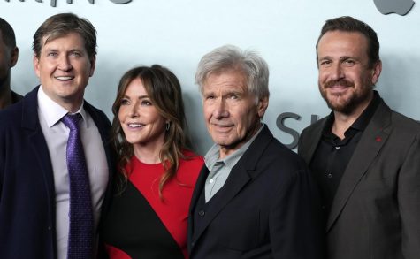 Co-creator and Co-writer Bill Lawrence, Actors Christa Miller and Harrison Ford and co-creator and actor Jason Segel during the premiere of Shrinking.