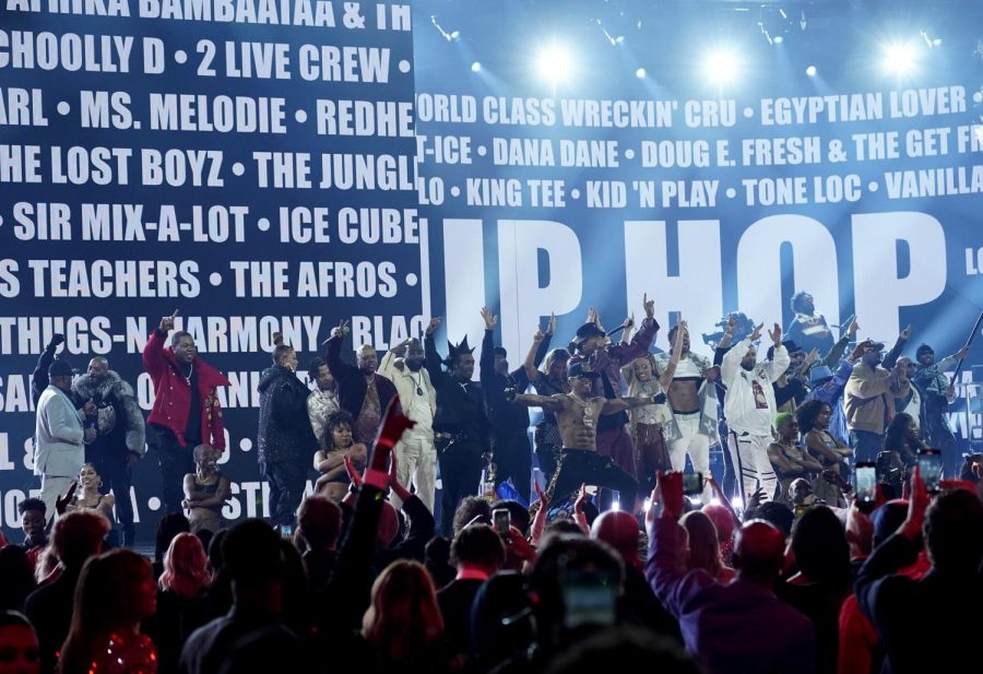 Artists on stage during the fifty years of hip-hop performance at the Grammy awards show. 