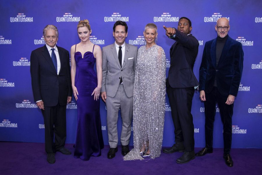 Actors Michael Douglas, Kathryn Newton, Paul Rudd, Evangeline Lilly, Jonathan Majors and Director Peyton Reed at the Britain red-carpet release of Ant-Man and the Wasp: Quantumania. 