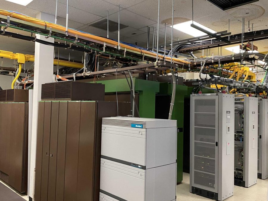 The current phone switch used to operate landlines housed on the second floor of the NIU Police Department. The landline servers will soon be replaced by smaller servers after the transition to Microsoft Teams Voice phones. (Courtesy of John Kearsing)